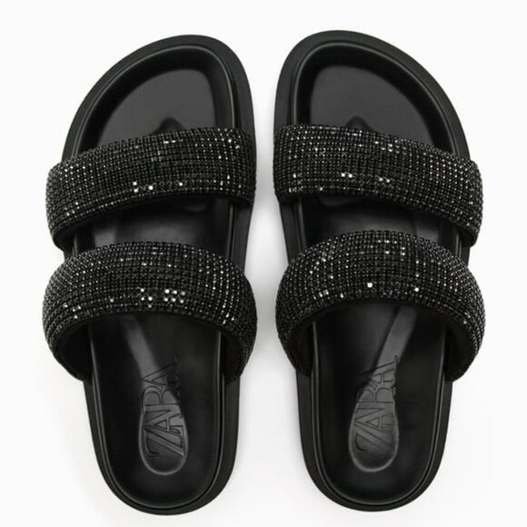 ZARA FLAT SLIDER SANDALS WITH RHINESTONES BLACK SIZE 7.5| 3661/110/800 - Picture 3 of 8